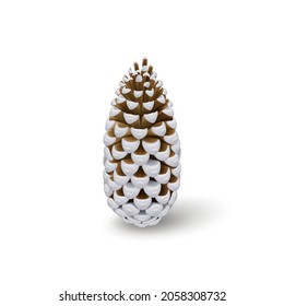 Silver Pine Cone. Single Decorative Woody Fruit of a Conifer Tree. Christmas Decoration, Holiday Decorative Concept on White Background
