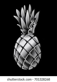 Silver pineapple in 3d styles. Realistic vector illustration.