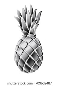 Silver pineapple in 3d styles. Realistic vector illustration.