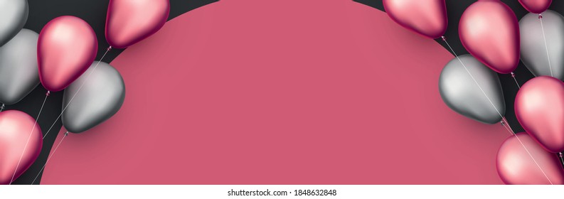 Globos de lámina de plata y rosa con hilos de fondo rosado con negro. Espacio para texto. Ilustración festiva vectorial.