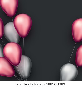 Silver and pink foil balloons with threads on black background. Space for text. Vector festive illustration.