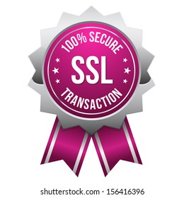 Silver pink secure transaction badge with ribbon