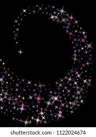 Silver pink violet geometric star pattern sparkle vector. Colorful confetti of flying stars, magic geometric sparkles on black. Carnival party design.