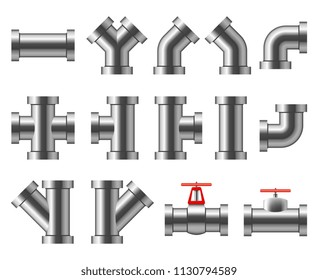 Silver pipes. Aluminum and chrome pipeline. Pipe fittings, water tube vector set. Pipe and pipeline system, construction industrial for sewerage illustration