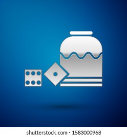 Silver Pirate game dice icon isolated on blue background. Casino gambling.  Vector Illustration