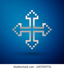 Silver Pixel arrows in four directions icon isolated on blue background. Cursor move sign.  Vector Illustration