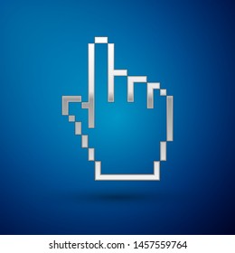 Silver Pixel hand cursor icon isolated on blue background. Pointer hand cursor.  Vector Illustration