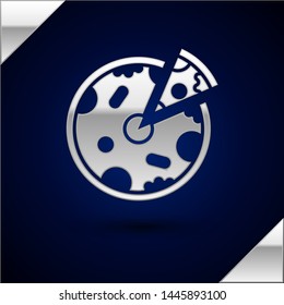 Silver Pizza icon isolated on dark blue background. Fast food menu.  Vector Illustration