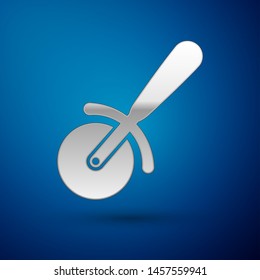 Silver Pizza knife icon isolated on blue background. Pizza cutter sign. Steel kitchenware equipment. Vector Illustration