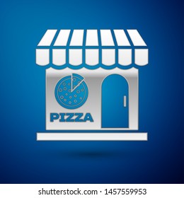 Silver Pizzeria building facade icon isolated on blue background. Fast food pizzeria kiosk. Vector Illustration