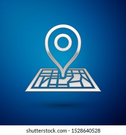 Silver Placeholder on map paper in perspective icon isolated on blue background.  Vector Illustration