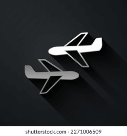 Silver Plane icon isolated on black background. Flying airplane icon. Airliner sign. Long shadow style. Vector