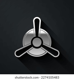 Silver Plane propeller icon isolated on black background. Vintage aircraft propeller. Long shadow style. Vector