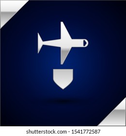 Silver Plane with shield icon isolated on dark blue background. Flying airplane. Airliner insurance. Security, safety, protection, protect concept.  Vector Illustration