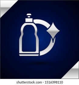 Silver Plastic bottle for liquid laundry detergent, bleach, dishwashing liquid or another cleaning agent icon isolated on dark blue background.  Vector Illustration
