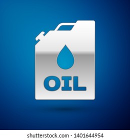 Silver Plastic canister for motor machine oil icon isolated on blue background. Oil gallon. Oil change service and repair. Engine oil sign. Vector Illustration