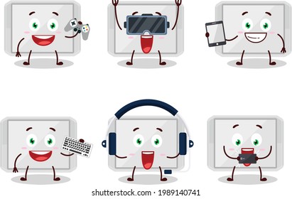 Silver plastic tray cartoon character are playing games with various cute emoticons. Vector illustration