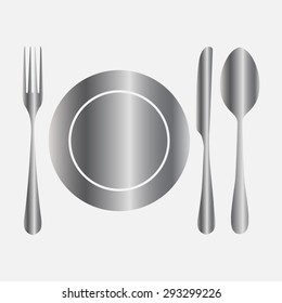 Silver plate with spoon, knife and fork 