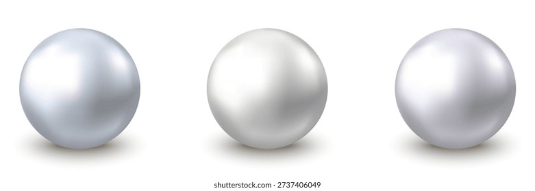 Silver, platinum ball or sphere. Glossy chrome 3D orb with glares and highlights. Shiny gray metal bubble. Jewelry gemstone. White pearl. Realistic vector Illustration.