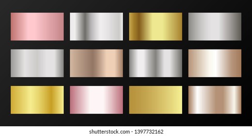 Silver, platinum, bronze, rose gold vector metallic gradients. Buttons set. Smooth chrome, alloy, aluminum, titanium, copper, silver, yellow and pink gold, platinum, steel, bronze background swatches.