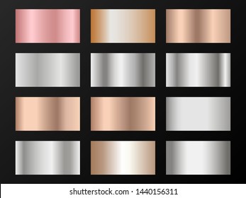 Silver, platinum, copper, bronze, pink gold gradients. Metallic foil texture silver, steel, chrome gradient swatches. Metallic platinum copper bronze pink gold gradients collection.