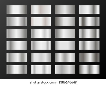 Silver platinum gradients. Metallic foil texture silver, steel, chrome gradient swatches. Shiny metallic platinum gradients collection for background, cover, frame, banner, coin, label, flyer, card.