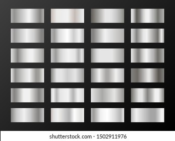Silver platinum gradients. Metallic foil texture silver, steel, chrome gradient swatches. Shiny metallic platinum gradients collection for background, cover, frame, banner, coin, label, flyer, card.