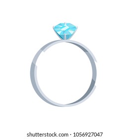 Silver or platinum ring with blue diamond icon. Wedding ring with precious gemstome flat vector illustration isolated on white background