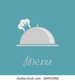 Silver platter cloche and chef  hat in shape of crown. Menu cover. Vector illustration.