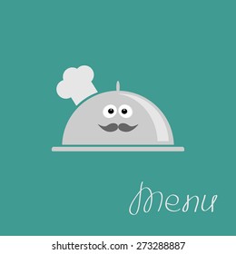 Silver platter cloche Chef hat with eyes and moustache. Menu card Flat design Vector illustration
