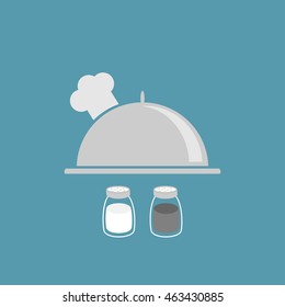 Silver platter cloche chef hat. Salt, pepper shaker. Glass container set. Flat design. Blue background. Vector illustration