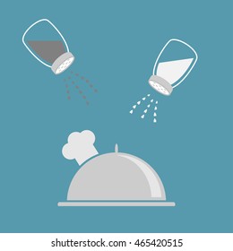 Silver platter cloche chef hat. Salt, pepper shaker set. Glass container. Heart crystal. Flat design. Blue background. Vector illustration