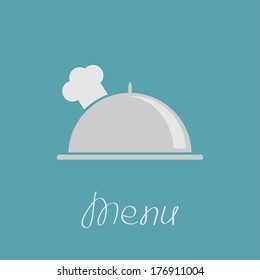 Silver platter cloche and chefs hat. Vector illustration.