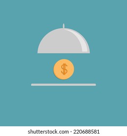 Silver platter cloche and gold dollar coin. Flat design style. Vector illustration