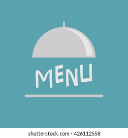 Silver platter cloche. Metal restaurant food cloche. Open metal cloche. Menu cover. Flat design. Blue background. Vector illustration