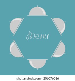 Silver platter cloche round frame. Flat design. Menu cover. Vector illustration