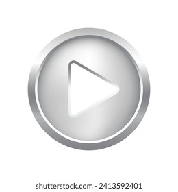 Silver play button 3d vector illustration. Abstract silver circle ring on white background with triangle. Play icon, Press to start. Multimedia, audio, video, cinema, music.