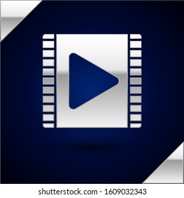 Silver Play Video icon isolated on dark blue background. Film strip with play sign.  Vector Illustration