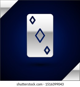 Silver Playing card with diamonds symbol icon isolated on dark blue background. Casino gambling.  Vector Illustration