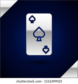 Silver Playing card with spades symbol icon isolated on dark blue background. Casino gambling.  Vector Illustration