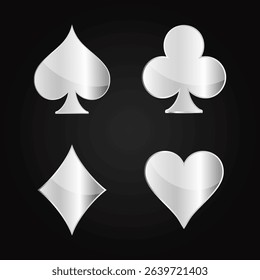 Silver playing card symbols. Spades, clubs, hearts, diamonds. Vector illustration