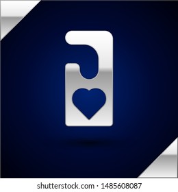 Silver Please do not disturb with heart icon isolated on dark blue background. Hotel Door Hanger Tags.  Vector Illustration