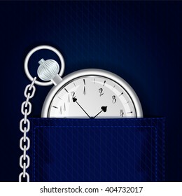 Silver Pocket watch with chain in the pocket.Time management. Control the time and planning. Vector Illustration. 