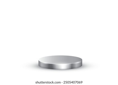 Silver podium for awards or product display vector illustration. Empty 3d platinum stage on white background. Luxury elegant platform for cosmetics presentation, ceremony pedestal for winners.