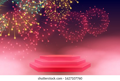 silver podium with colorful fireworks background