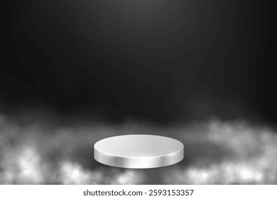 Silver podium in smoke on dark background. Empty 3d chrome stage in fog cloud for product display. Luxury pedestal for cosmetics presentation or winners ceremony. Abstract vector illustration.