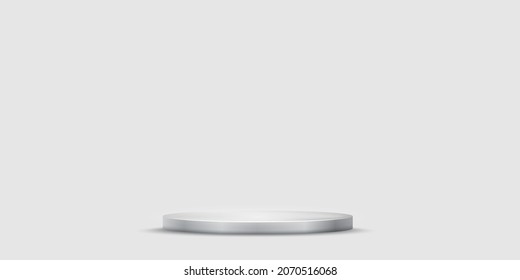 Silver podium stage vector illustration. 3d realistic metallic luxury platform for winner, luminous pedestal stand for product display presentation with shadow on floor isolated on gray background
