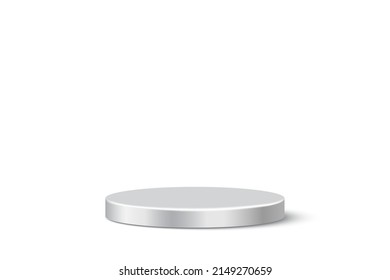 Silver podium stage vector illustration. 3d realistic metal luxury platform for winner, luminous pedestal stand for product display presentation with shadow on floor isolated on white background