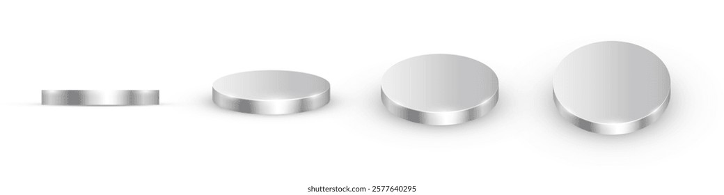 Silver podiums. Platinum 3d round metal platforms for product presentation or winner award ceremony in different angles view. Chrome empty stages on white background. Realistic vector illustration.