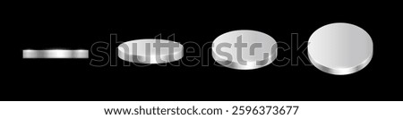 Silver podiums. Platinum 3d round metal platforms for product presentation or winner award ceremony in different angles view. Set of chrome empty stages on black background. Vector illustration 